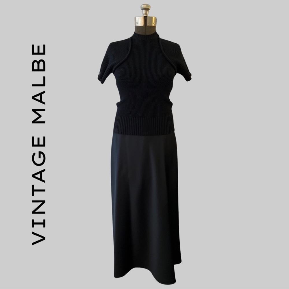 VINTAGE MALBE BLACK SATIN BALL GOWN MAXI SKIRT WITH MATCHING BELT, MODERN SIZE 4